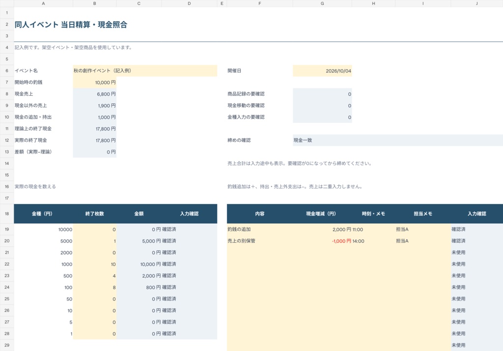同人イベント 当日精算・現金照合シート｜白紙版・記入例つき XLSX
