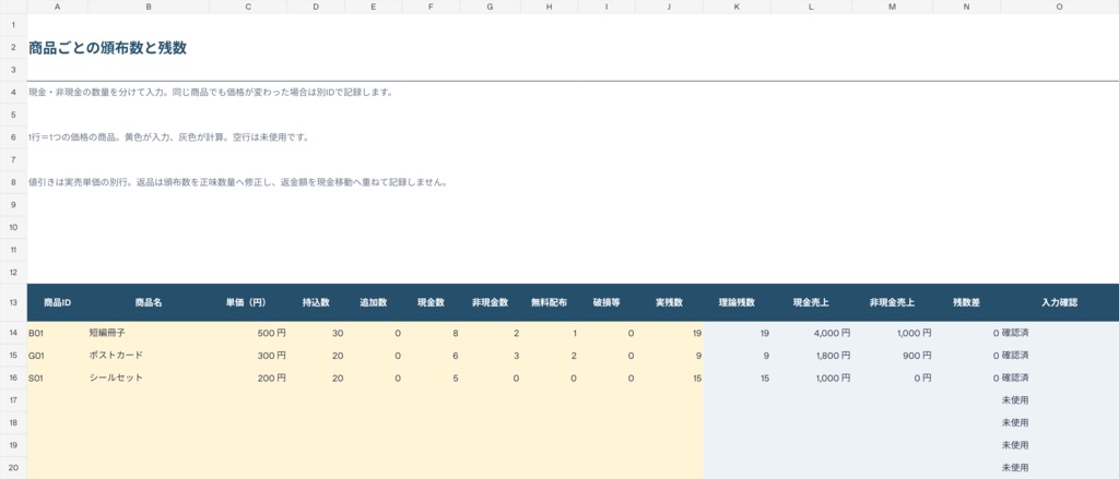 同人イベント 当日精算・現金照合シート|白紙版・記入例つき XLSX