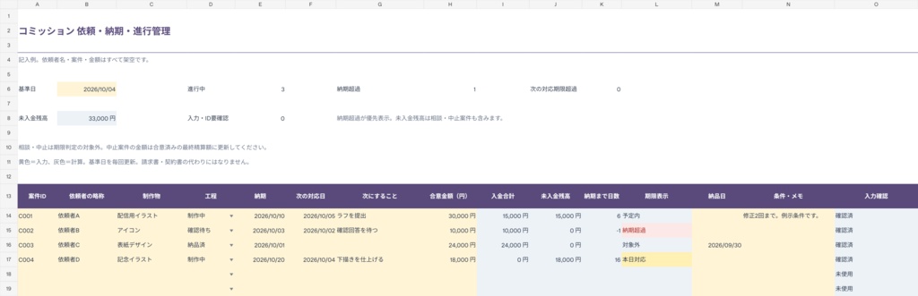 コミッション 依頼・納期・進行管理シート｜白紙版・記入例つき XLSX