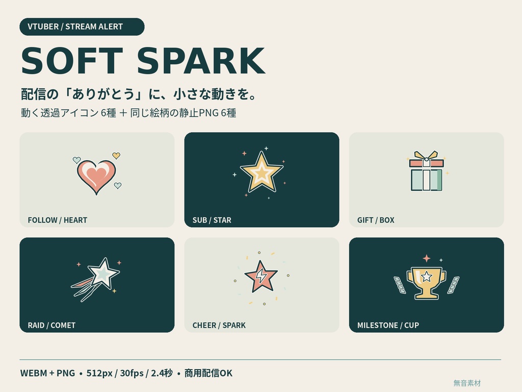 SOFT SPARK｜配信アラート用 動く透過アイコン6種【WebM＋PNG】