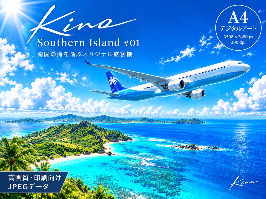 Kino Southern Island |南国の海を飛ぶオリジナル旅客機|A4デジタルアート