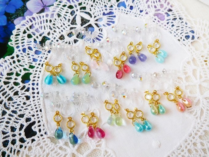 シャネルストーンコネクターと雫のドール用ノンホールピアス