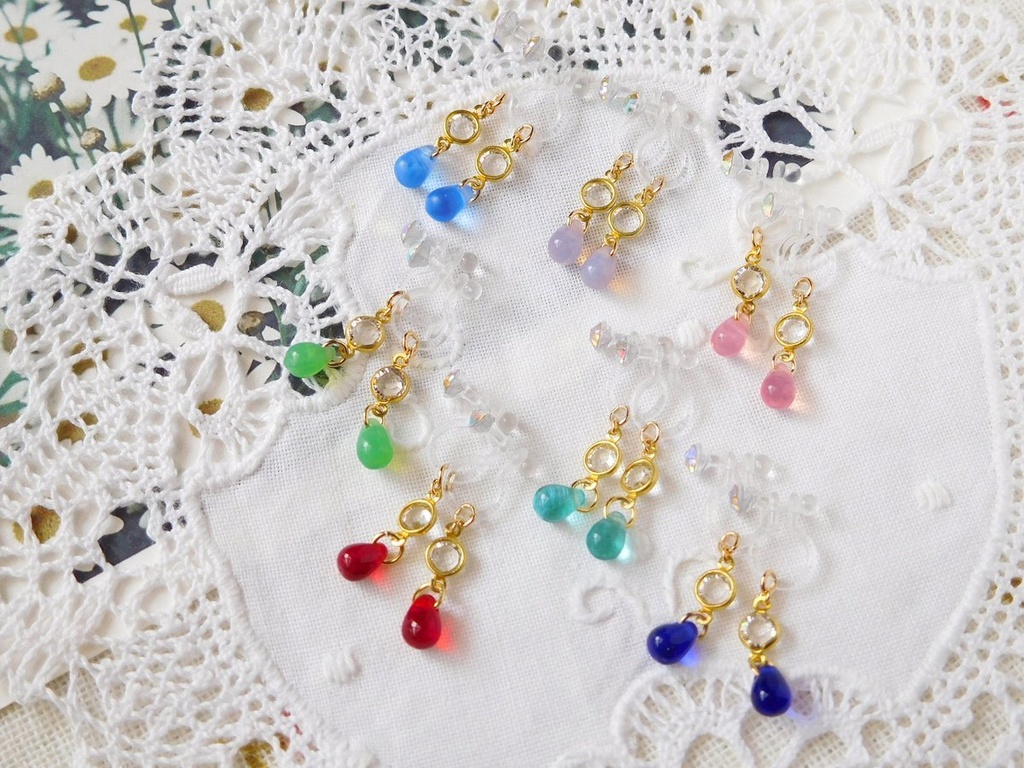 シャネルストーンコネクターと雫のドール用ノンホールピアス