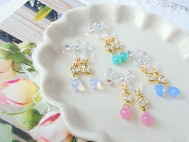 シャネルストーンコネクターと雫のドール用ノンホールピアス