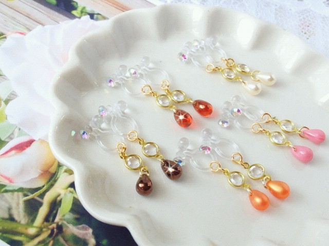 シャネルストーンコネクターと雫のドール用ノンホールピアス