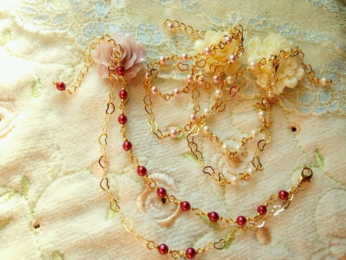 ハートチェーンとパールのドール用2連ネックレス【G】