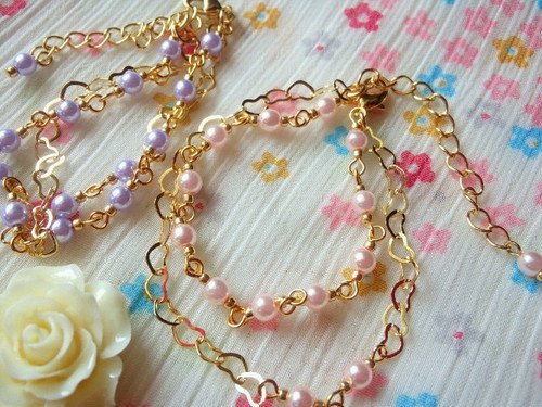 ハートチェーンとパールのドール用2連ネックレス【G】