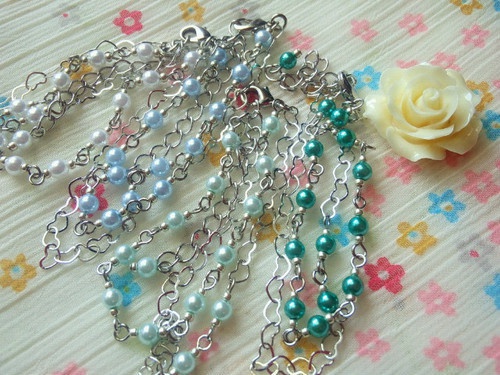 ハートチェーンとパールのドール用2連ネックレス【R】