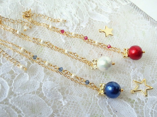 コットンパールとリボンのドール用ネックレス