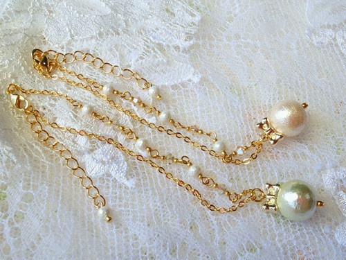 コットンパールとリボンのドール用ネックレス