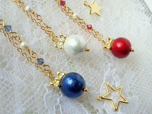 コットンパールとリボンのドール用ネックレス