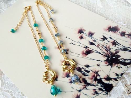 月と星とガラス雫のドール用ネックレス