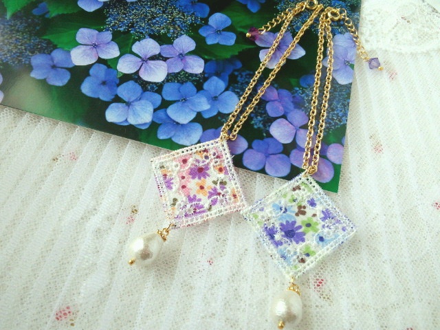 花柄菱レースとコットンパール雫のドール用ネックレス