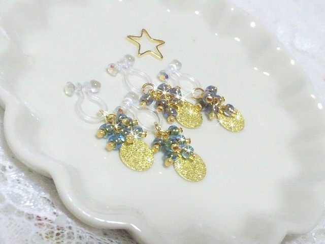 スターダストディスクとシードビーズのしゃらんらドール用ノンホールピアス
