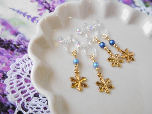 雪の結晶とパールのドール用ノンホールピアス