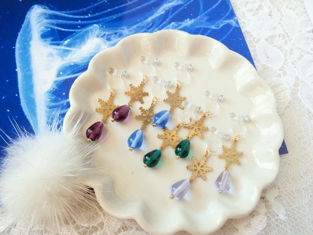 雪の結晶とCZ雫のドール用ノンホールピアス