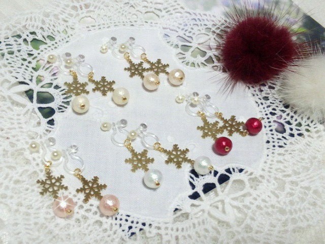 雪とコットンパールのドール用ノンホールピアス