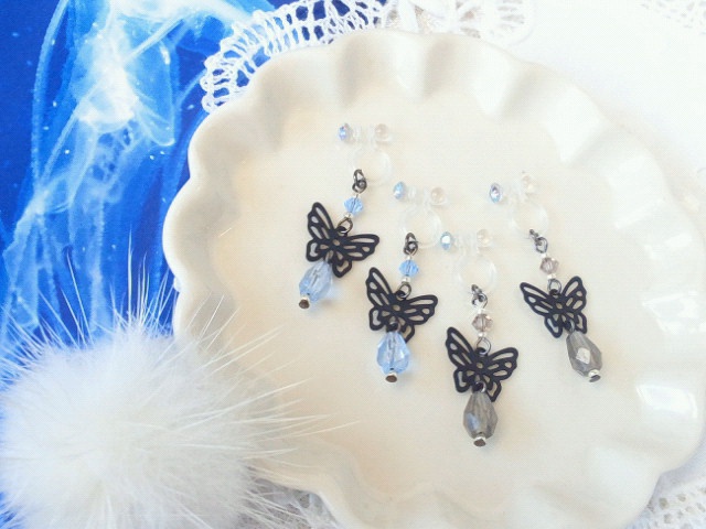 黒蝶とチェコ雫のドール用ノンホールピアス