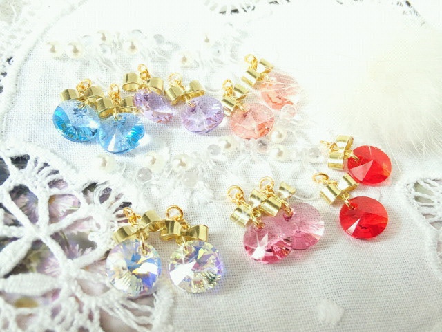 リボンとクリスタライズ6428のドール用ノンホールピアス