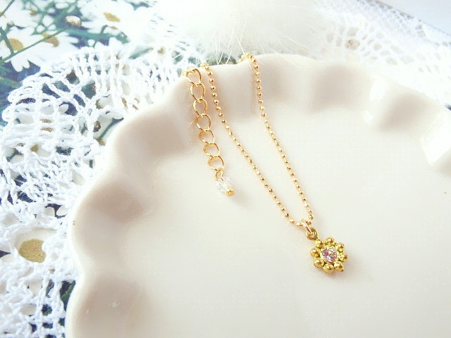 ラインストーンフラワーチャームのドール用ネックレス