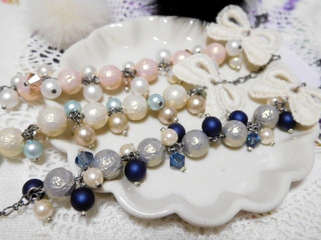 リボンレースとシュリンクパールのドール用しゃらんらネックレス