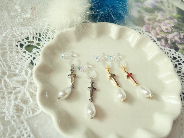 コネクターとパール雫のドール用ノンホールピアス