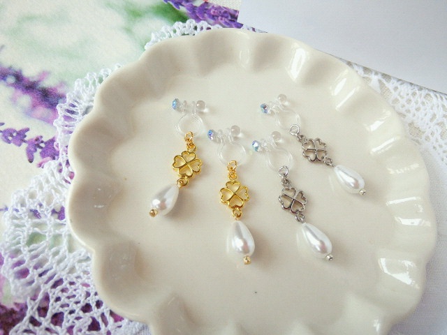 コネクターとパール雫のドール用ノンホールピアス