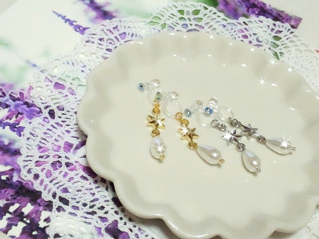 コネクターとパール雫のドール用ノンホールピアス