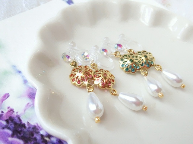 コネクターとパール雫のドール用ノンホールピアス