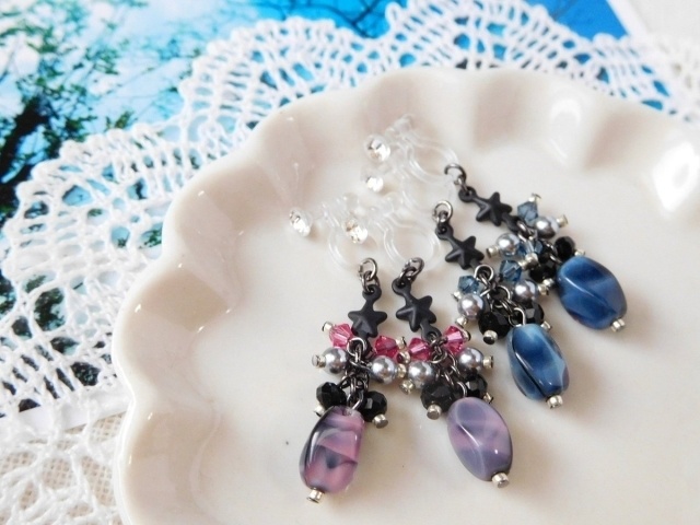 シルキーマーブルチェコナツメドール用しゃらんら黒星ノンホールピアス