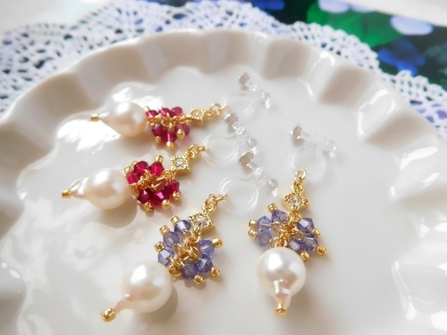 アコヤ真珠とクリスタライズのしゃらんらドール用ノンホールピアス