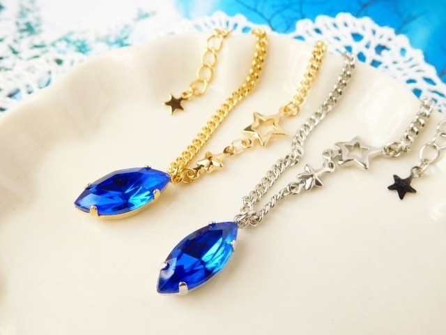 CZヴィンテージガラスマーキスのドール用ネックレス[カプリブルー]