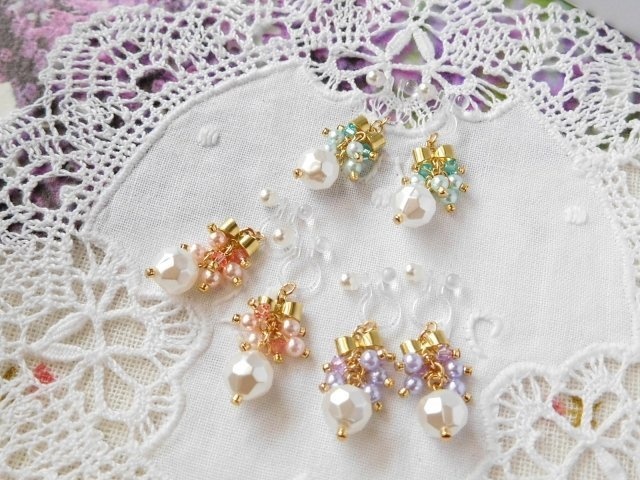 リボンとヴィンテージパールのしゃらんらドール用ノンホールピアス