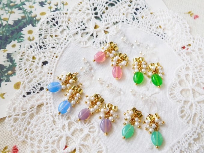 リボンとCZオーバルのしゃらんらドール用ノンホールピアス