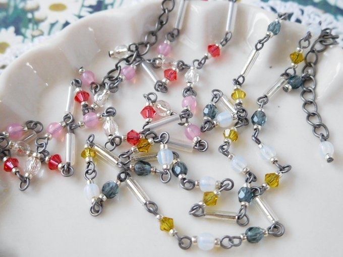 竹ビーズとクリスタライズのドール用3wayネックレス