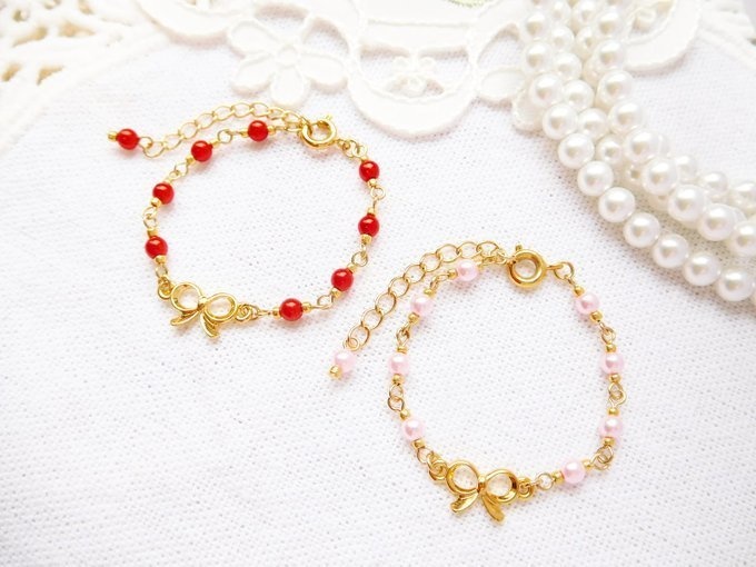 きんいろリボンとピンクパールのドール用チョーカー