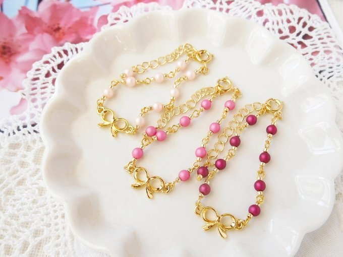 きんいろリボンとピンクパールのドール用チョーカー