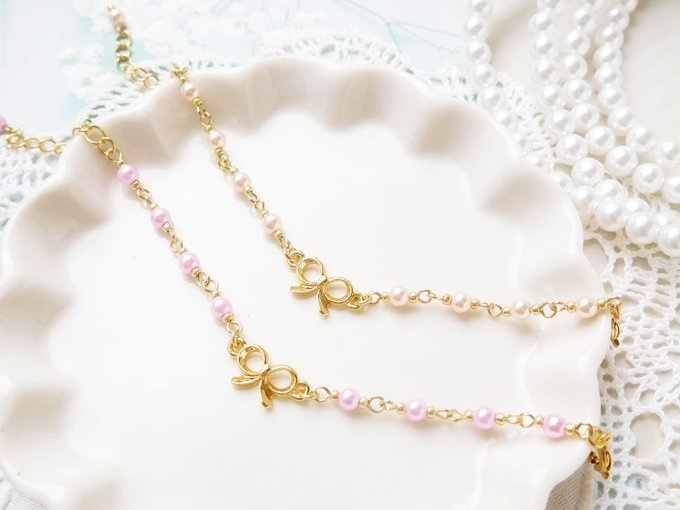 きんいろリボンとピンクパールのドール用チョーカー