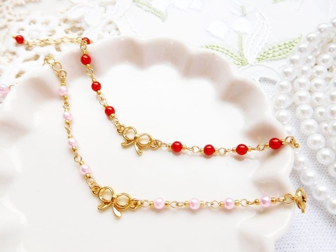 きんいろリボンとピンクパールのドール用チョーカー