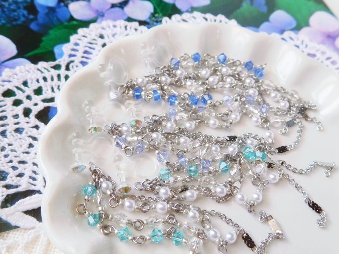 クリスタライズとチェーン揺れるタッセルドール用ノンホールピアスR