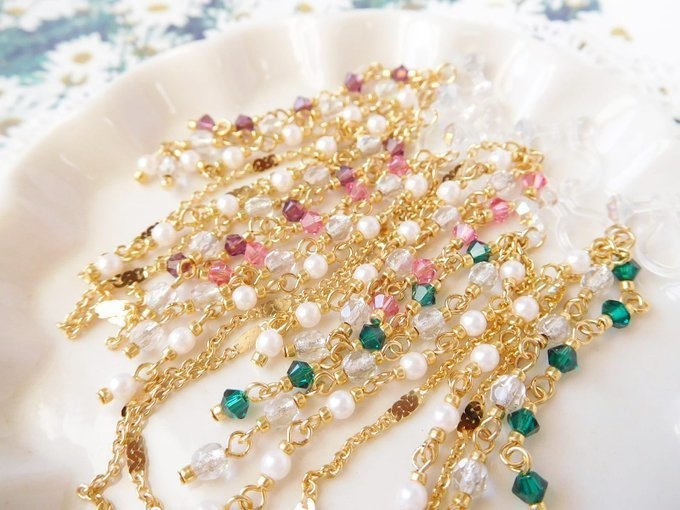 クリスタライズとチェーン揺れるタッセルドール用ノンホールピアスG