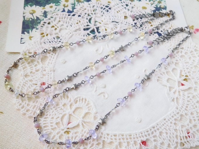 菫色ビーズと鉛銀星の3wayドール用ネックレス