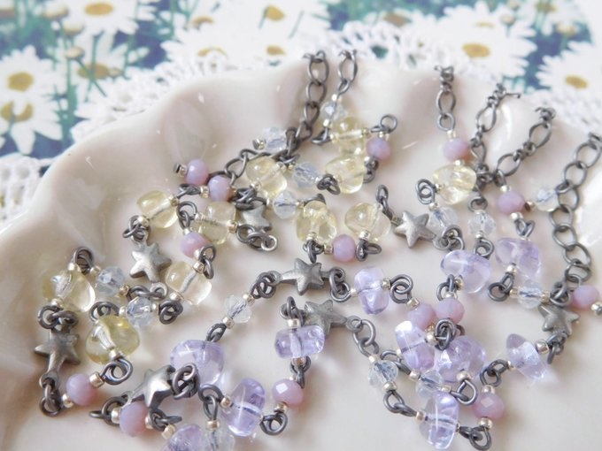 菫色ビーズと鉛銀星の3wayドール用ネックレス