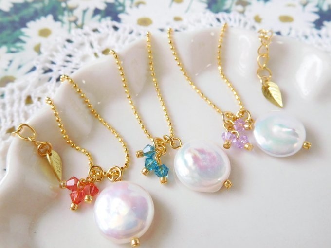 コイン淡水パールとクリスタライズのドール用ネックレス