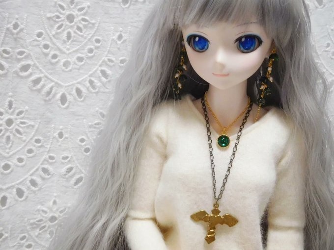 ハート羽クロスチャームのドール用ネックレス