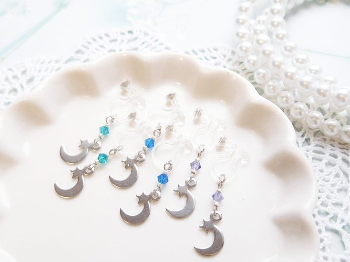 銀月星とクリスタライズのドール用ノンホールピアス