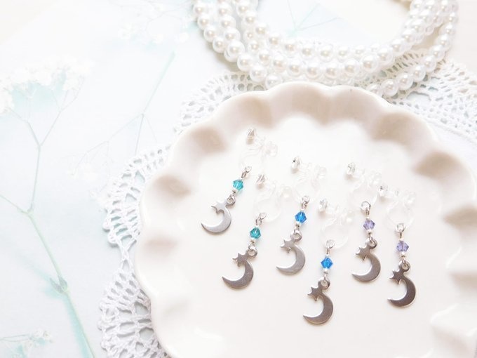 銀月星とクリスタライズのドール用ノンホールピアス