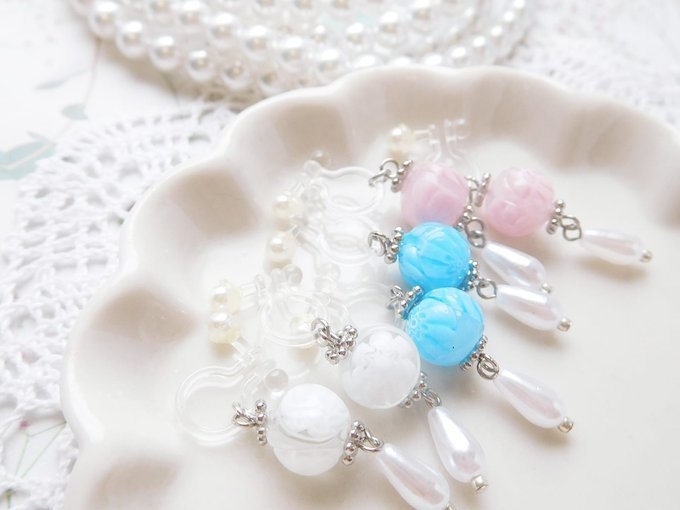 ベネチアン花ガラスのドール用ノンホールピアス