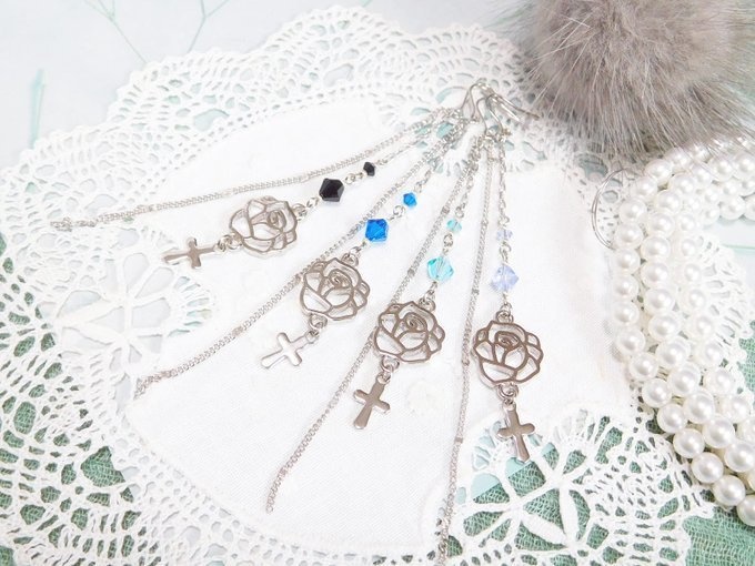 薔薇クロスとクリスタライズのドール用ウィッグピアスR