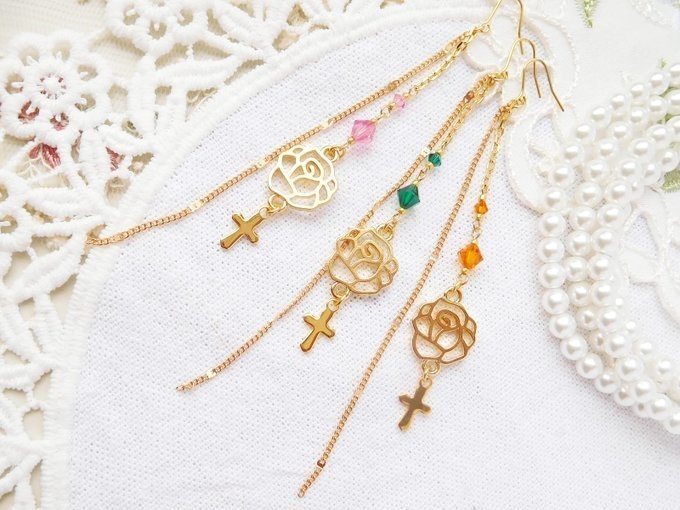 薔薇クロスとクリスタライズのドール用ウィッグピアスG